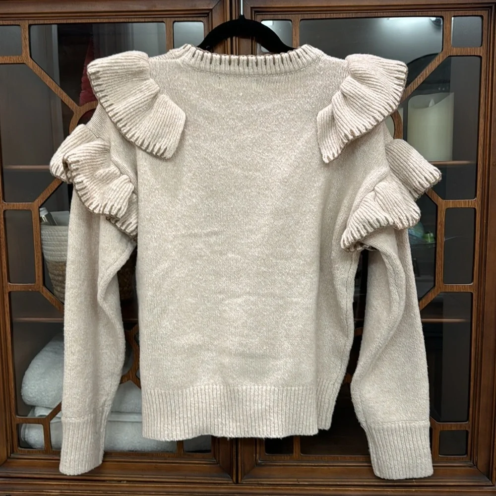 En Saison Pullover Rene Ruffle-Trim Sweater in Tan Small